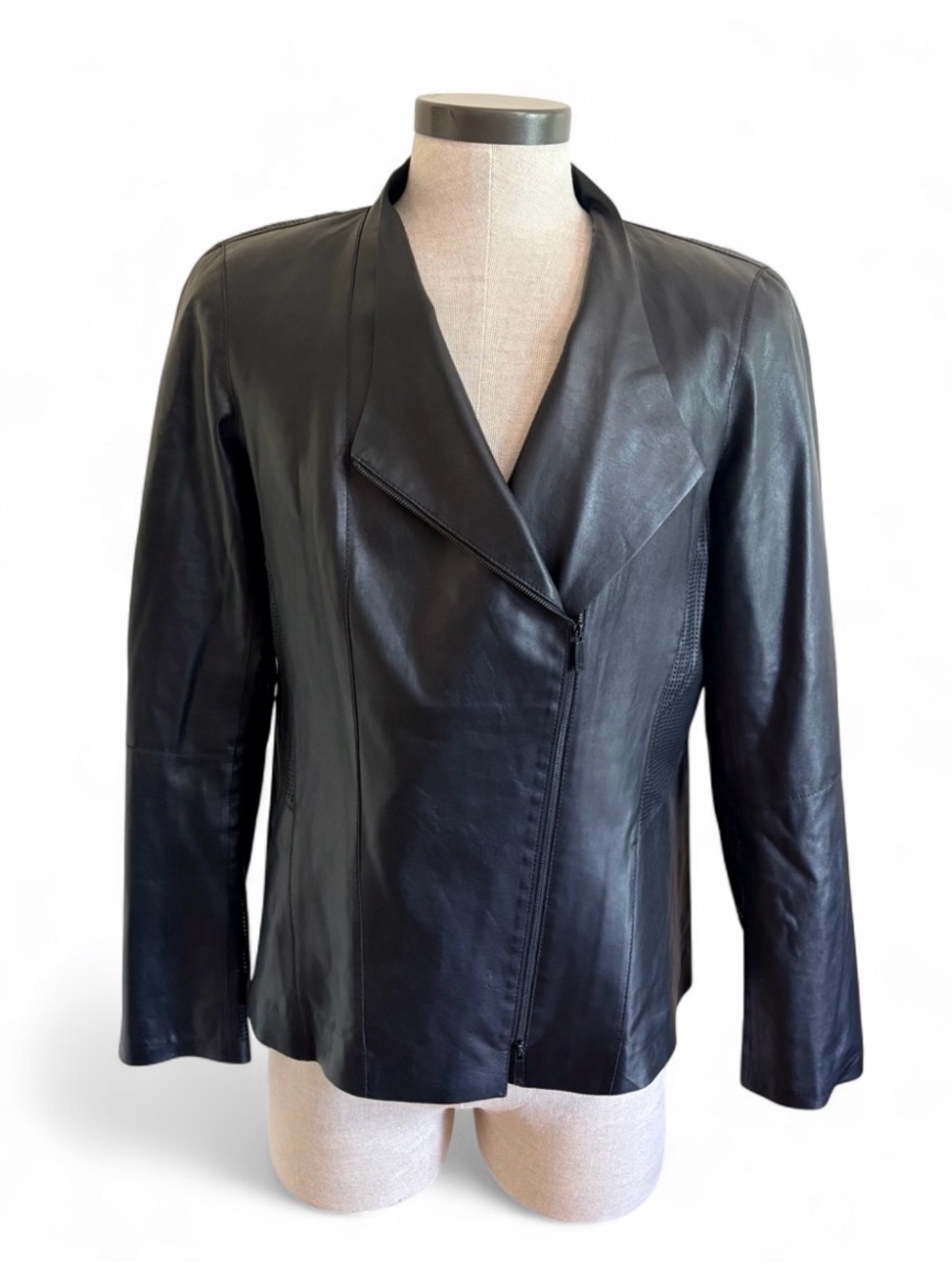Lafayette 148 New York Leather Zip Jacket Perforated Black Women's Mid-Length 16